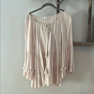Spense Blush Bell Sleeve Blouse with Ruffled Details and Fringe